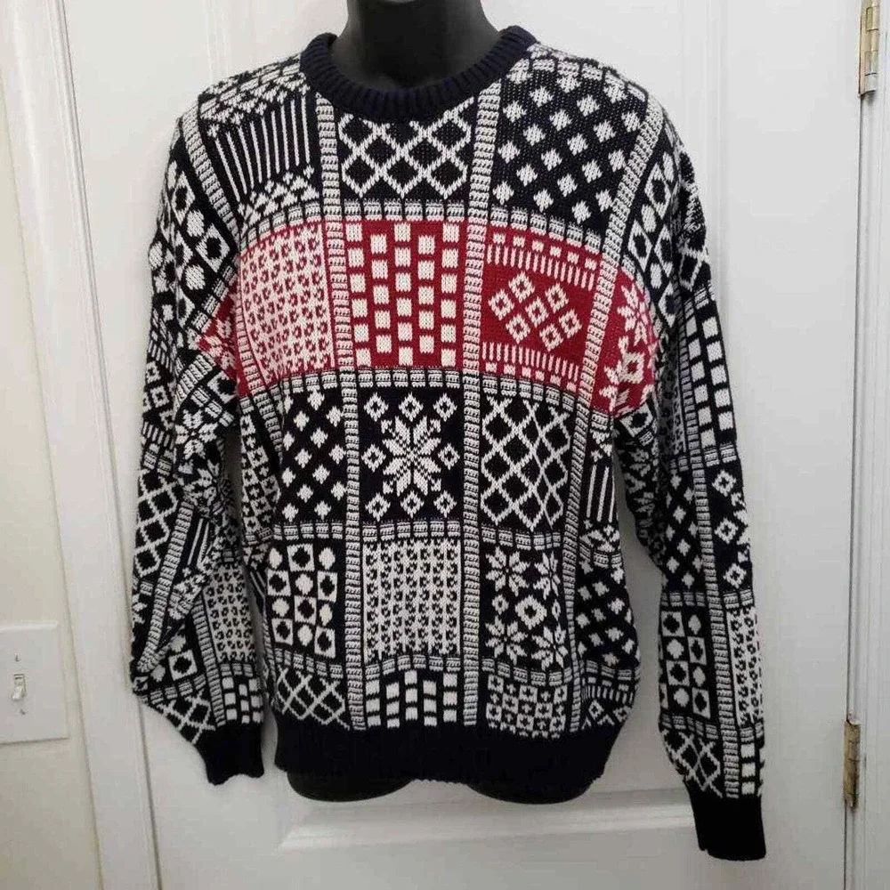 Jantzen Mens Pullover Ugly Sweater Blue Red Nordic Winter Fair Isle Cotton USA M